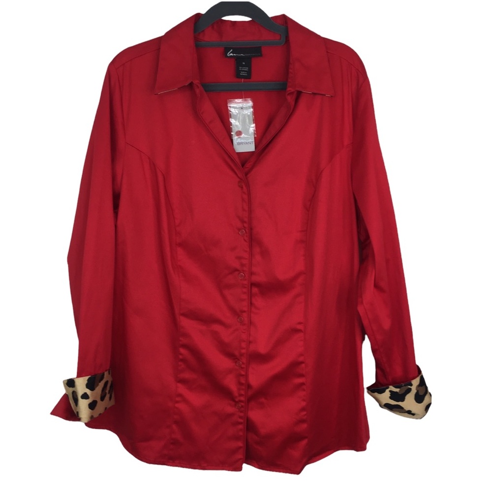 Lane Bryant Red Button Down Shirt with Leopard Cuffs